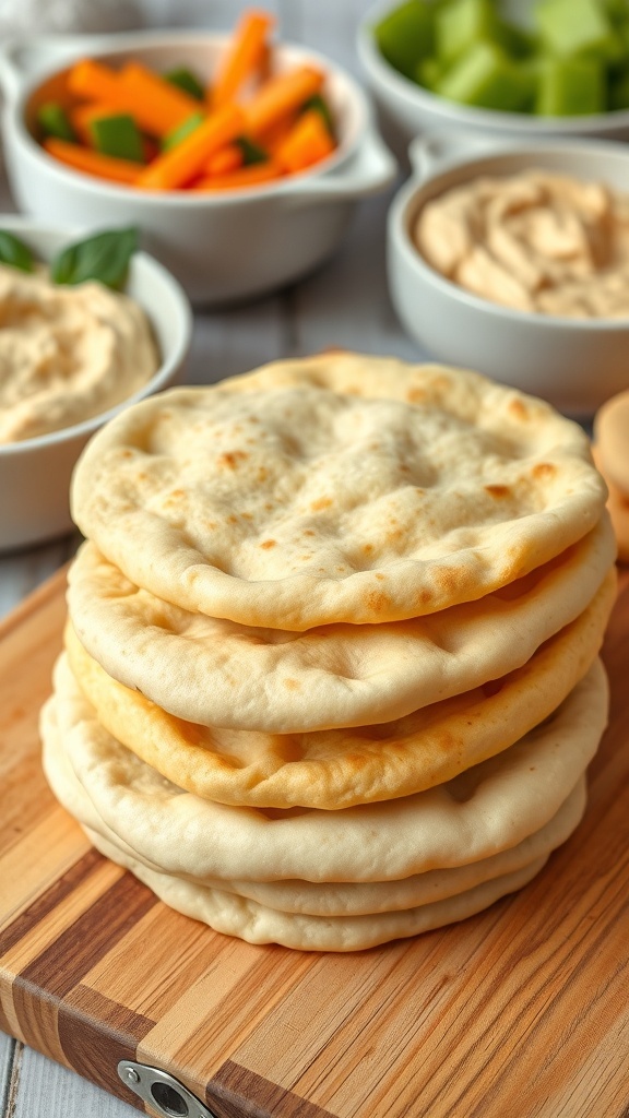 A stack of golden low carb pita bread on a cutting board, with bowls of hummus and vegetables in the background.